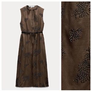 NWT. Zara ZW Collection Brown Long Embroidered Open Front Vest. Size M.
